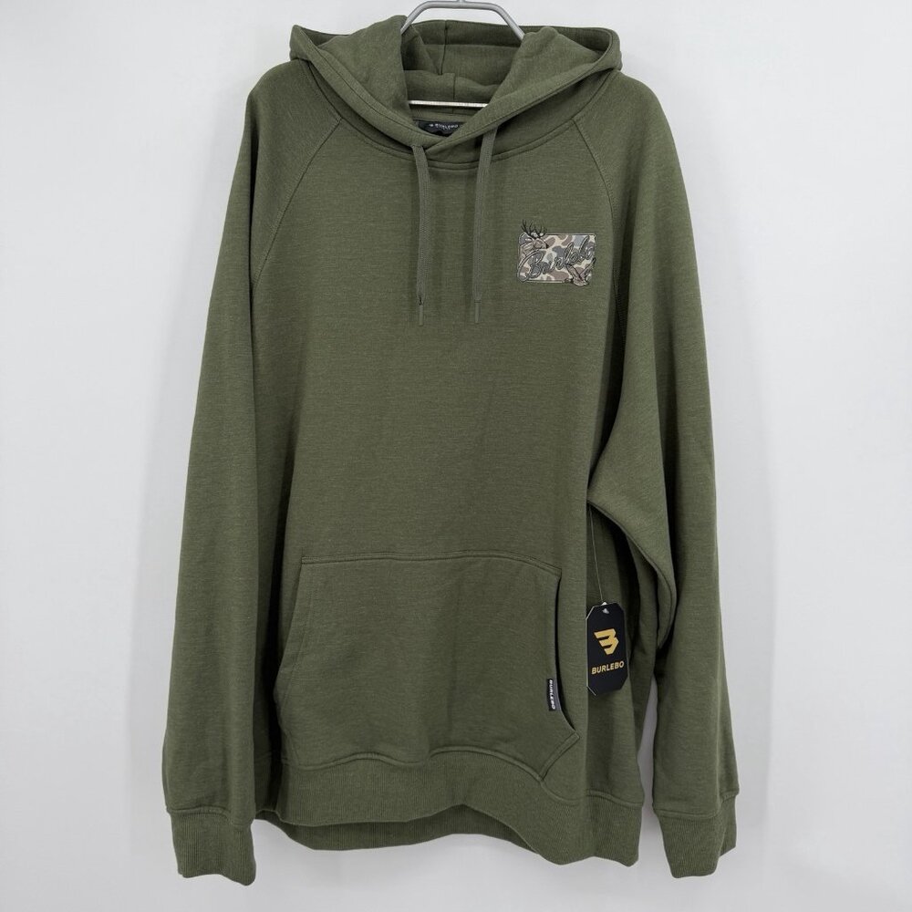 BURLEBO Men's Midweight Fleece Hoodie Sweatshirt XL Olive Green Hunting Deer